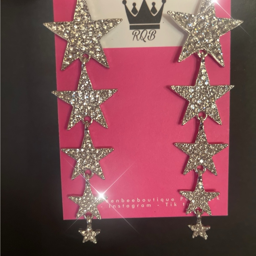 Silver Star Drop Earrings with Rhinestone Sparkle